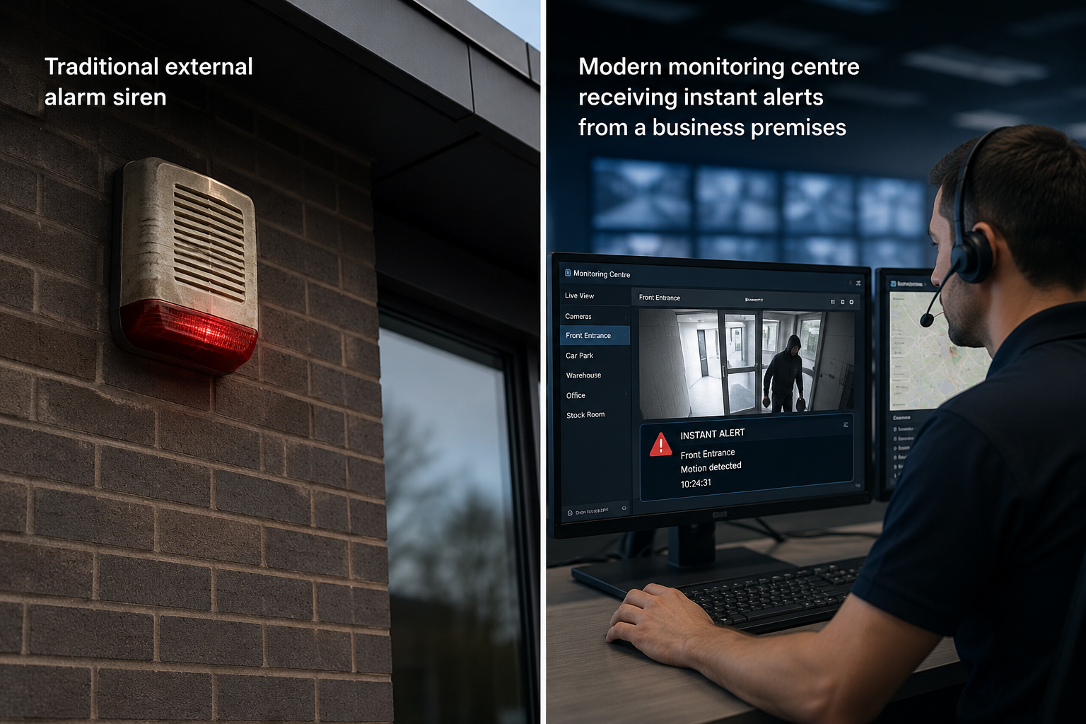 Traditional alarm siren compared with modern security monitoring centre