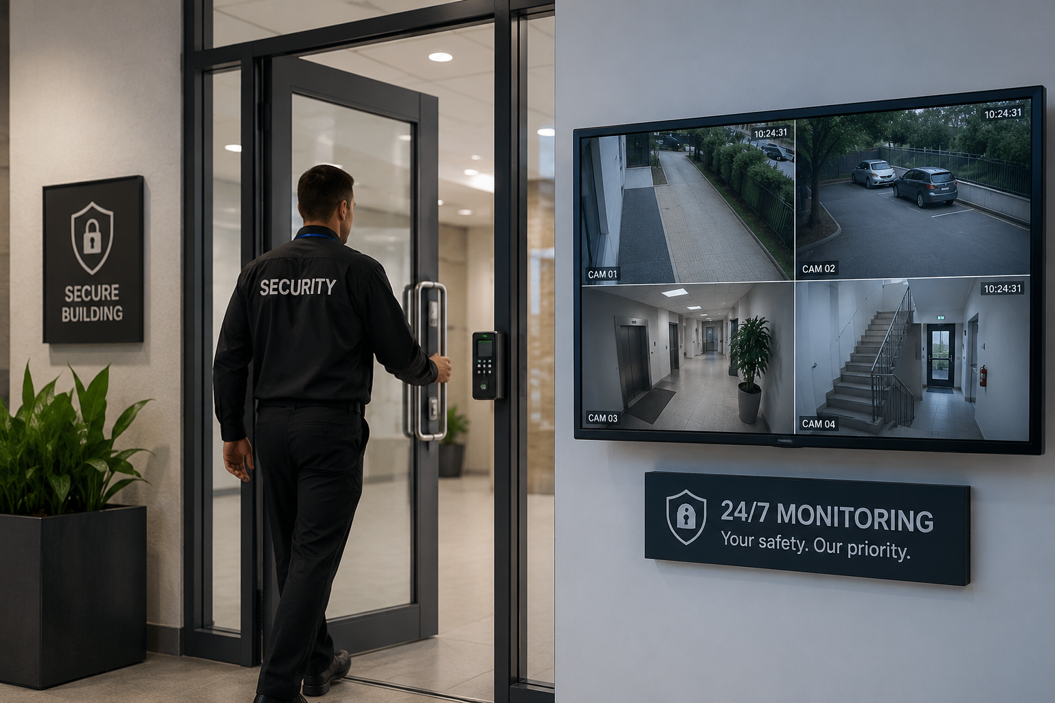 Secure building with access control and CCTV monitoring